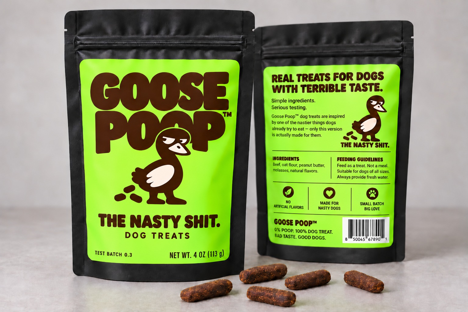 Goose Poop™ dog treat pouches, front and back, with treats scattered in front